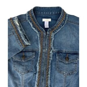 Chicos Women's Denim Jacket Vintage Open Front Brass‎ Chain Frayed Size 1 Casual